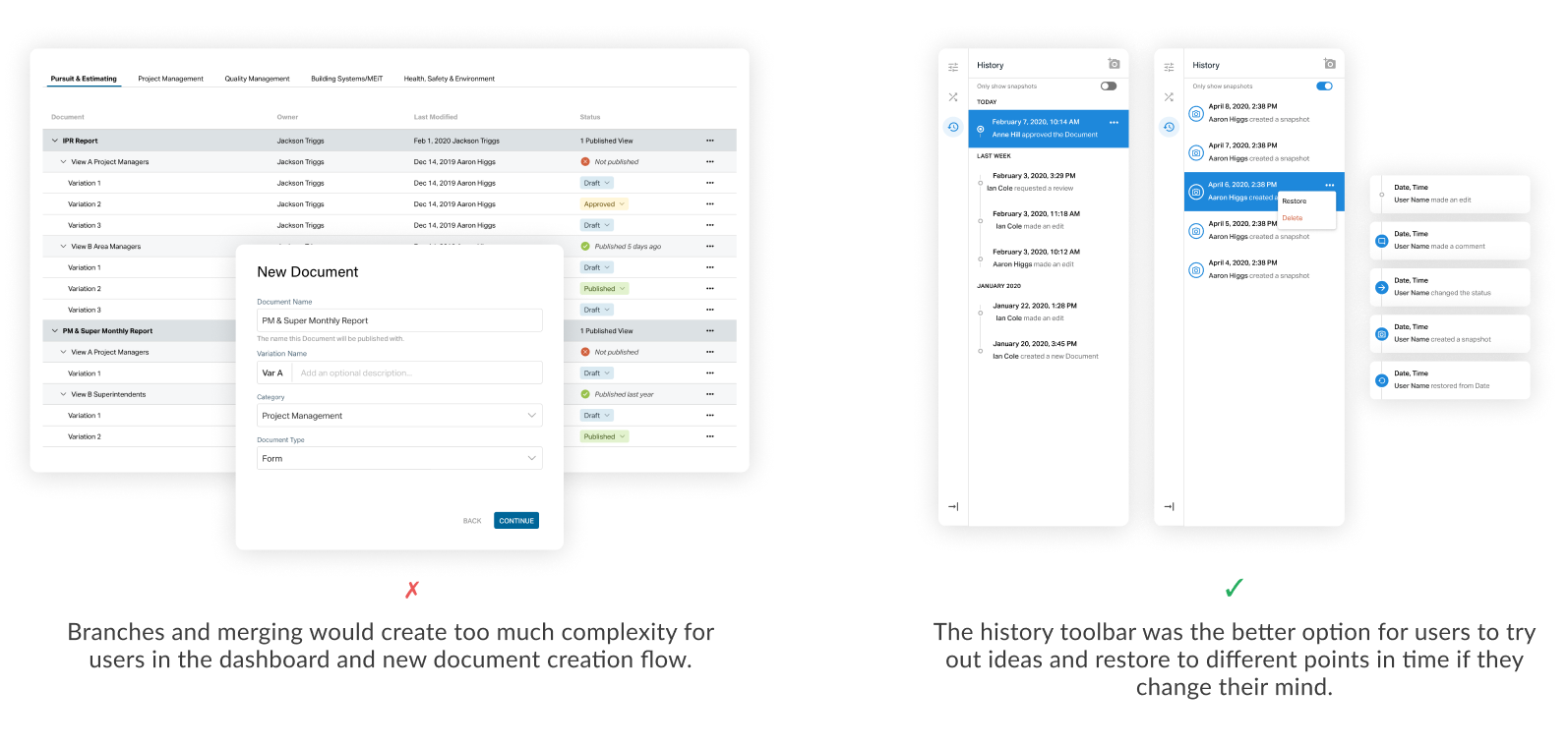 History toolbar — snapshots function and standardised action types